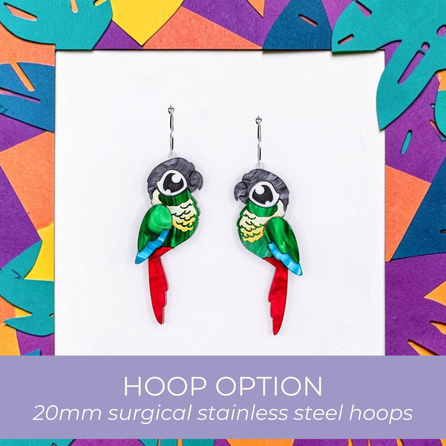 Green-Cheeked Conure Acrylic Stud Earrings - Handmade Bird Earrings