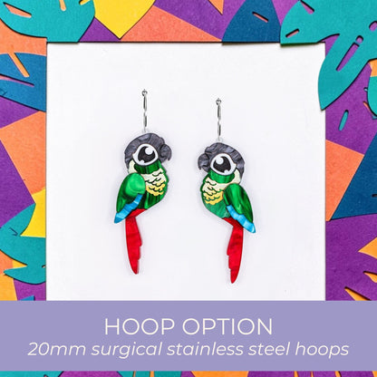 Green-Cheeked Conure Acrylic Stud Earrings - Handmade Bird Earrings