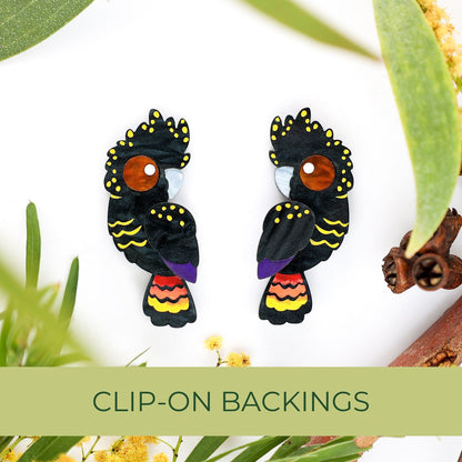 BINKABU Red-Tailed Black Cockatoo handmade acrylic bird earrings