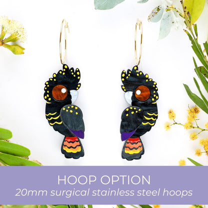 BINKABU Red-Tailed Black Cockatoo handmade acrylic bird earrings