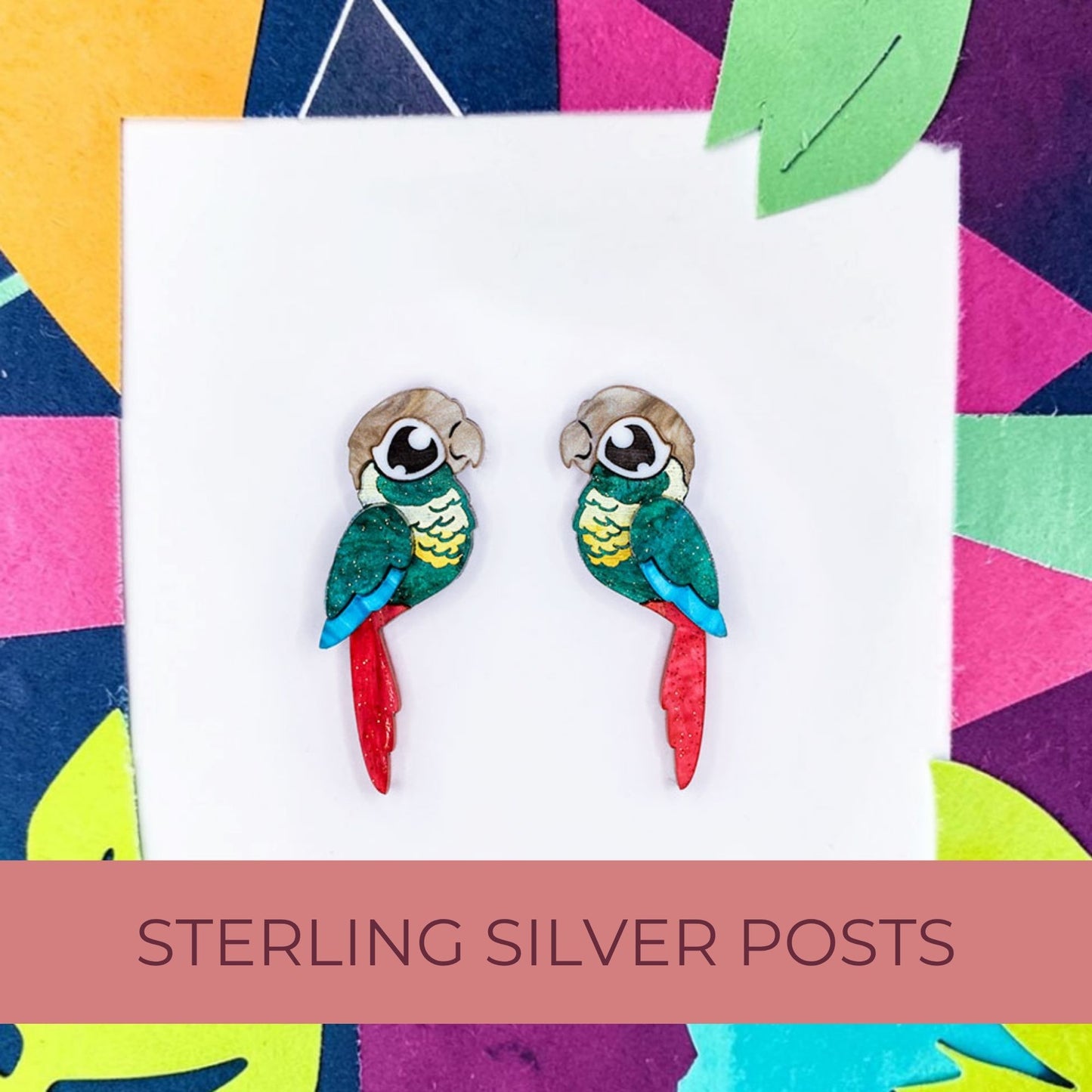 Turquoise Green-Cheeked Conure Acrylic Stud Earrings - Handmade Bird Earrings