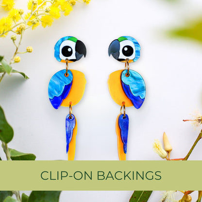 Blue and Gold Macaw Earrings - Statement Bird Earrings