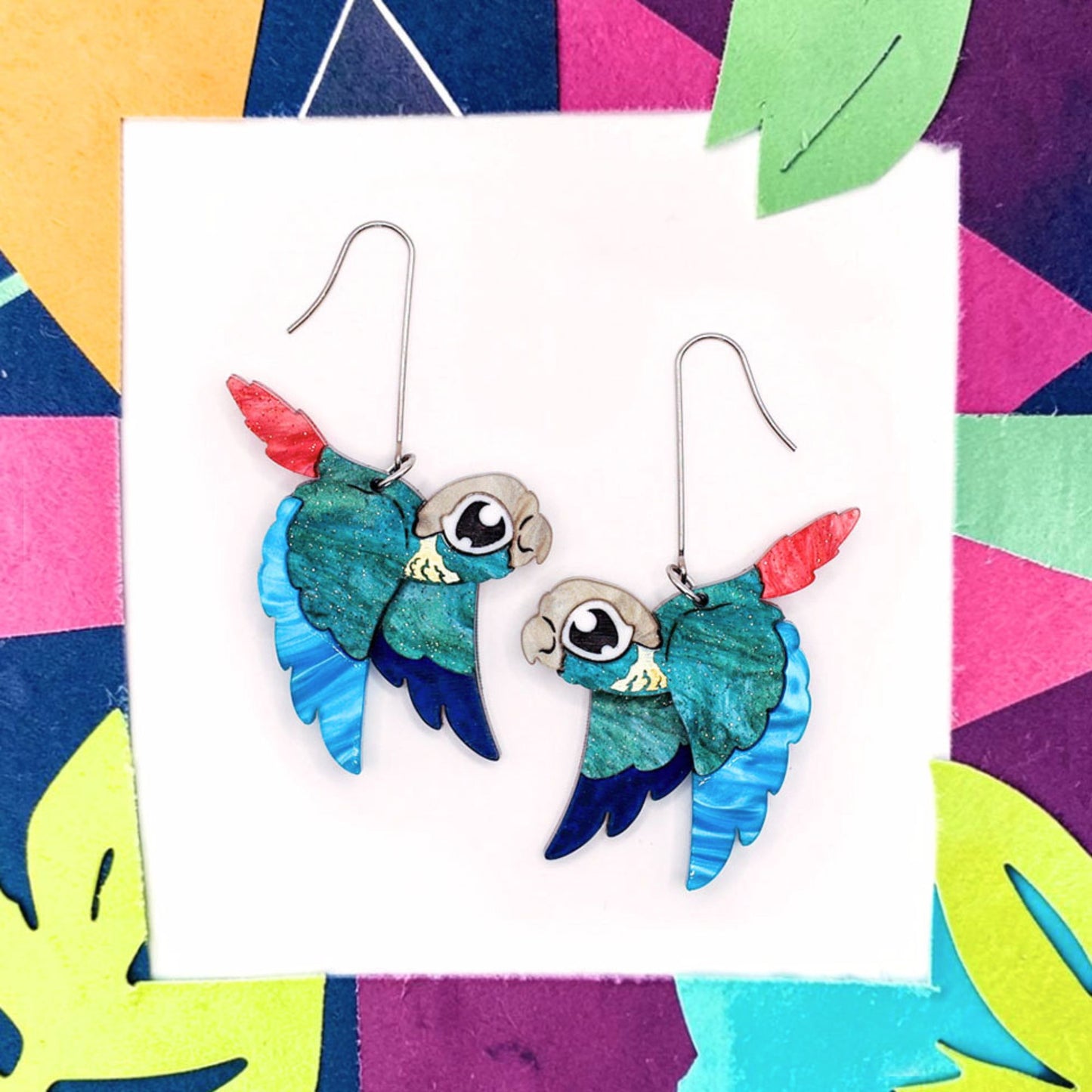 Turquoise Green-Cheeked Conure Acrylic Dangle Earrings - Handmade Bird Earrings