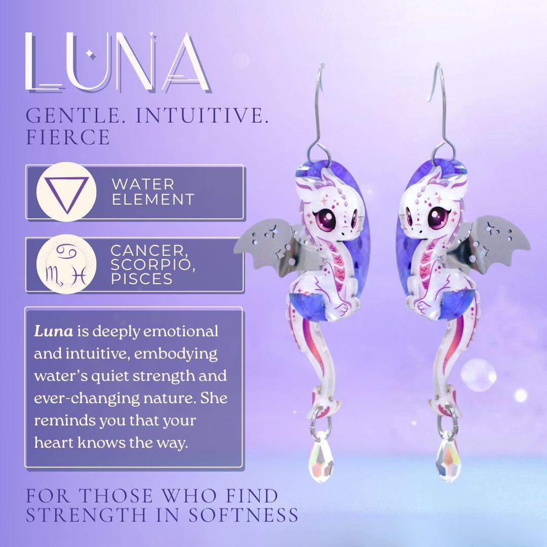 LUNA - 3D Dragon & Moon Earrings - Acrylic + Polished Stainless Steel