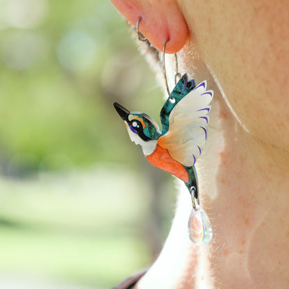 Sacred Kingfisher Hoops - Handmade Bird Earrings