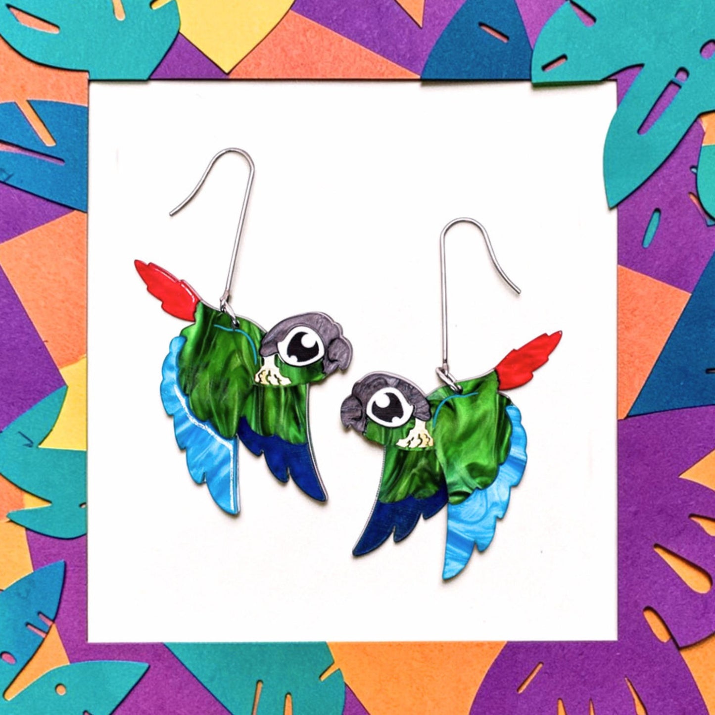 Green-cheeked Conure Acrylic Dangle Earrings - Handmade Bird Earrings