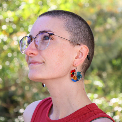 Rooster Hoops - Handmade Bird Earrings