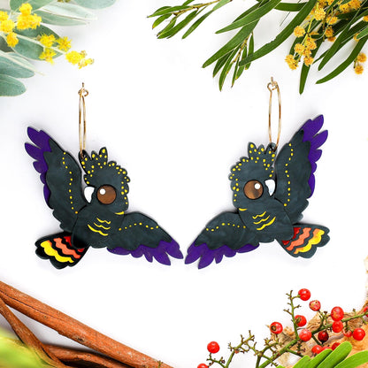BINKABU Red-Tailed Black Cockatoo handmade acrylic bird earrings