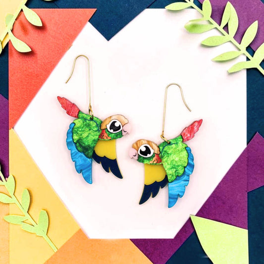 Pineapple Green-Cheeked Conure Acrylic Dangle Earrings - Handmade Bird Earrings
