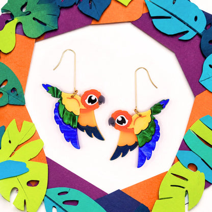 Sun Conure Acrylic Dangle Earrings - Handmade Bird Earrings