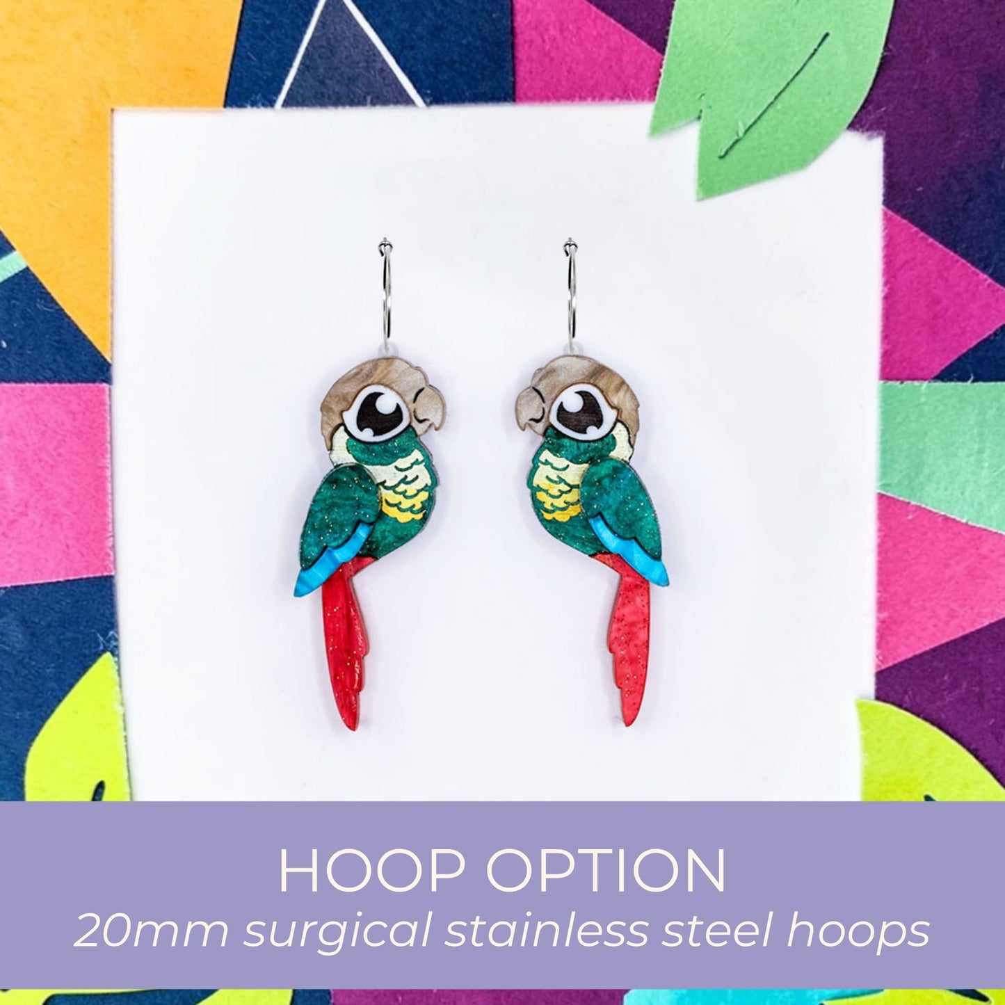Turquoise Green-Cheeked Conure Acrylic Stud Earrings - Handmade Bird Earrings