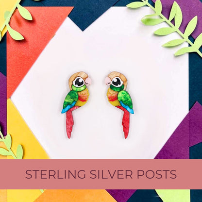 Pineapple Green-Cheeked Conure Acrylic Stud Earrings - Handmade Bird Earrings