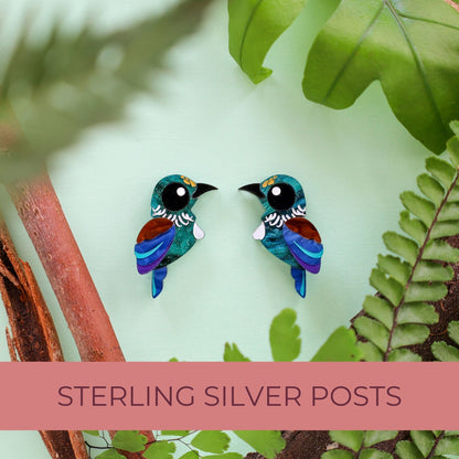 BINKABU Tūī studs handmade acrylic bird earrings