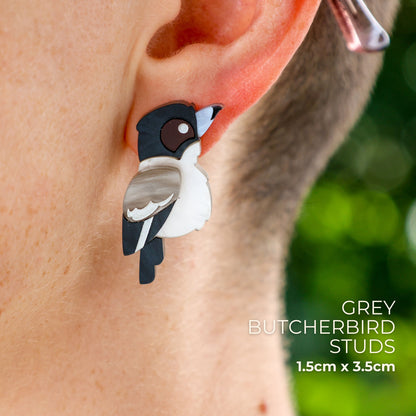 BINKABU Grey Butcherbird Studs handmade acrylic bird earrings