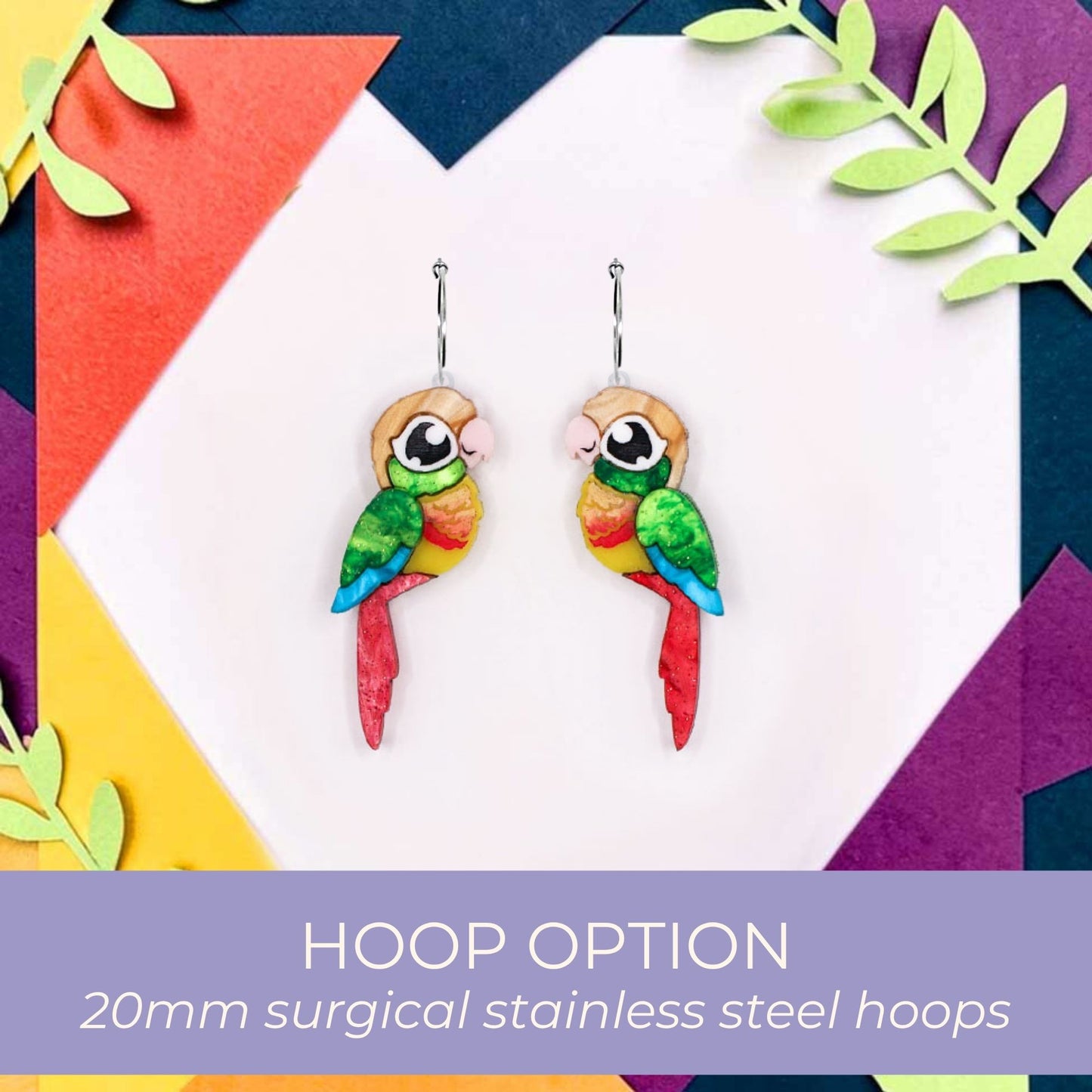 Pineapple Green-Cheeked Conure Acrylic Stud Earrings - Handmade Bird Earrings