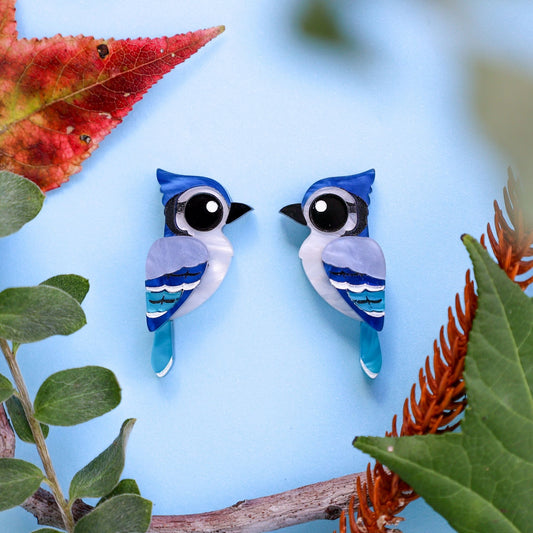 BINKABU Blue Jay Stud Earrings - Handmade North American Songbird Earrings