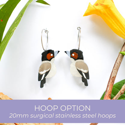 BINKABU Grey Butcherbird Studs handmade acrylic bird earrings