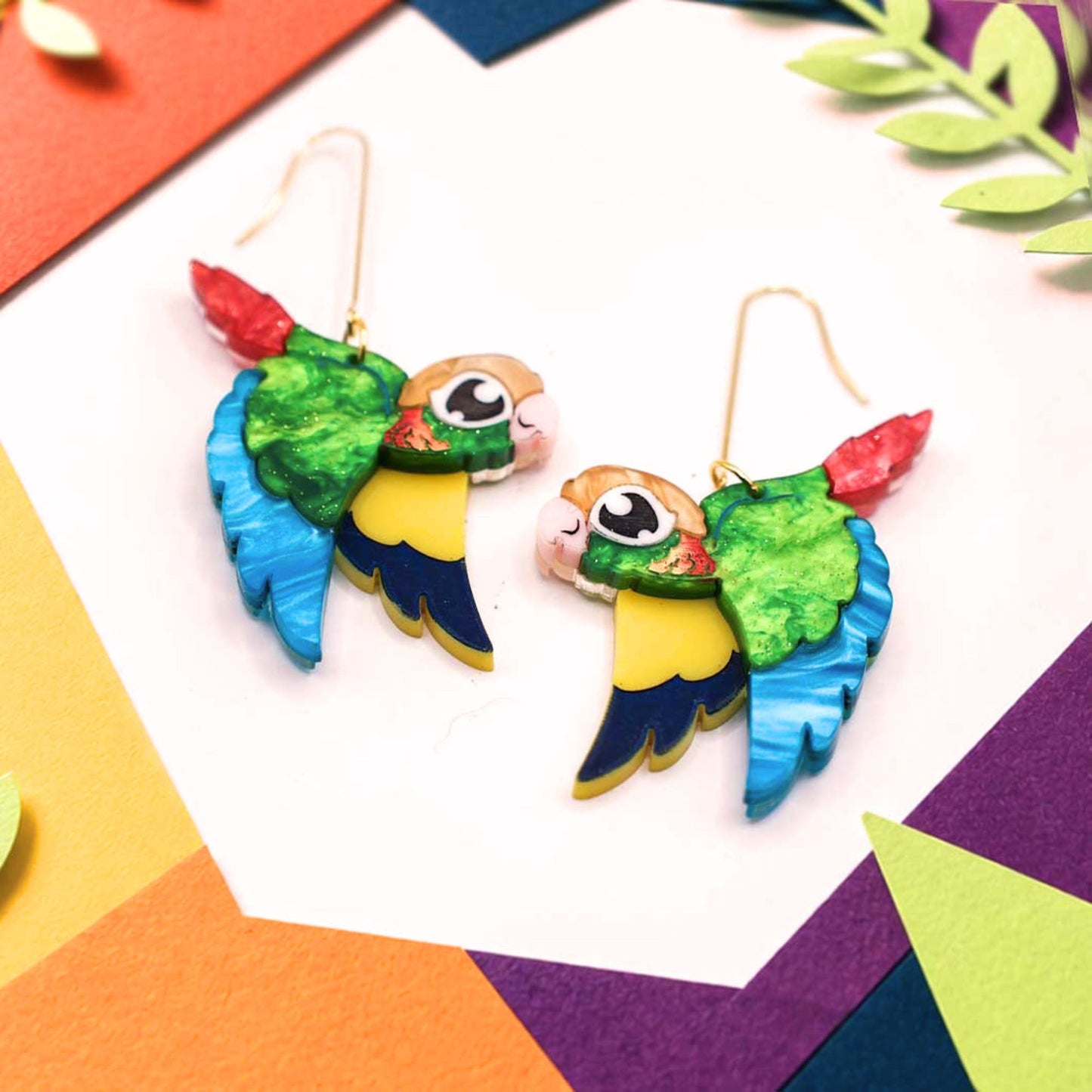 Pineapple Green-Cheeked Conure Acrylic Dangle Earrings - Handmade Bird Earrings