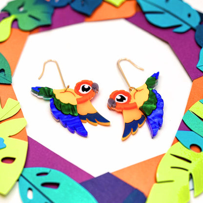 Sun Conure Acrylic Dangle Earrings - Handmade Bird Earrings