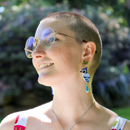 BINKABU Blue Jay Dangles handmade acrylic bird earrings