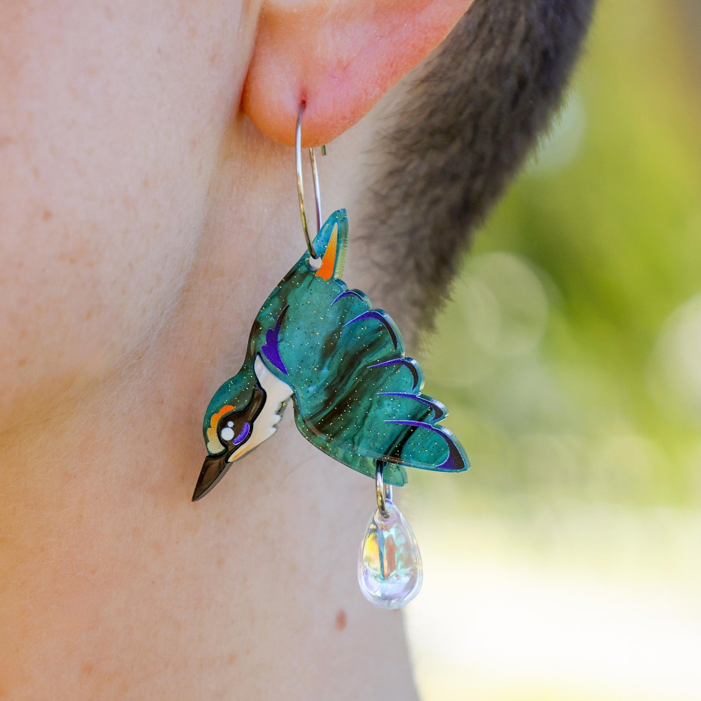 Sacred Kingfisher Hoops - Handmade Bird Earrings