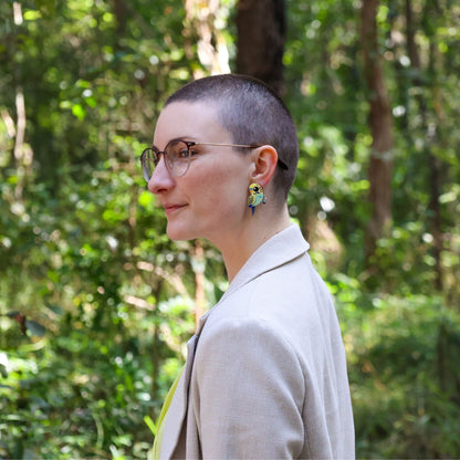 Green & Yellow Budgie Studs - Statement Acrylic Bird Earrings