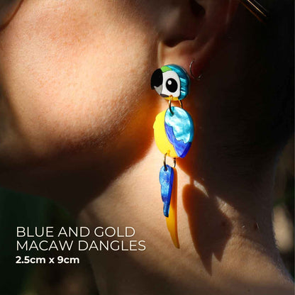 BINKABU Blue and Gold Macaw handmade acrylic bird earrings