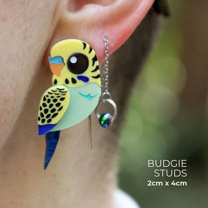 Green & Yellow Budgie Studs - Statement Acrylic Bird Earrings