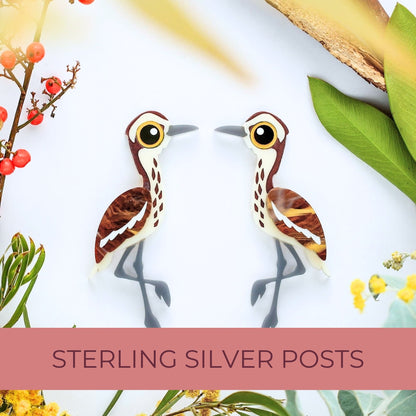 BINKABU Bush Stone-Curlew Earrings Studs handmade acrylic bird earrings