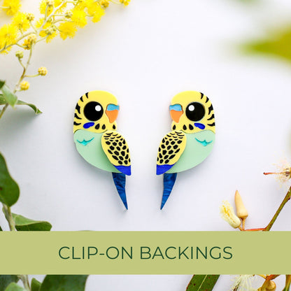 Green & Yellow Budgie Studs - Statement Acrylic Bird Earrings