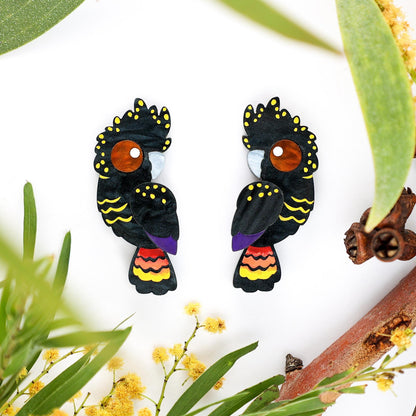 BINKABU Red-Tailed Black Cockatoo handmade acrylic bird earrings