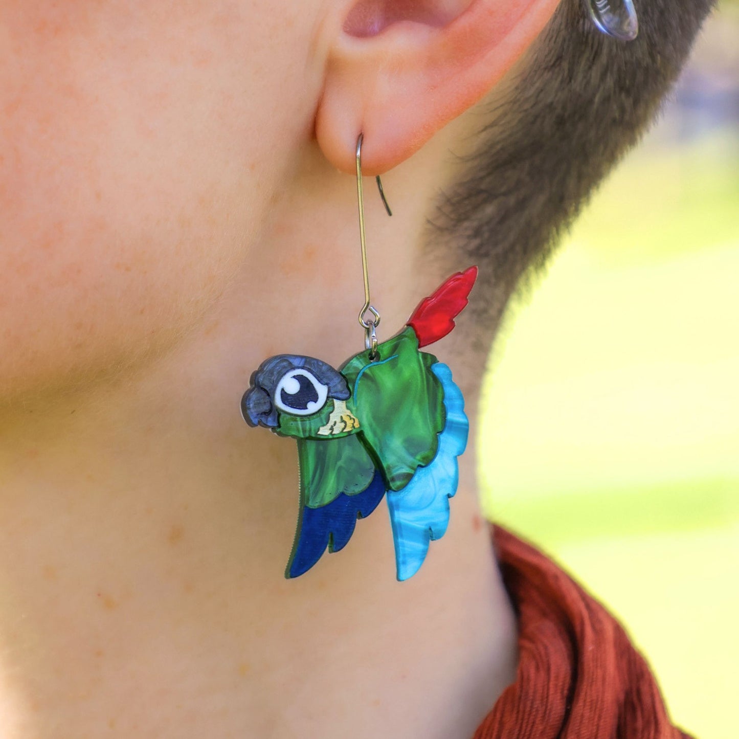 Green-cheeked Conure Acrylic Dangle Earrings - Handmade Bird Earrings