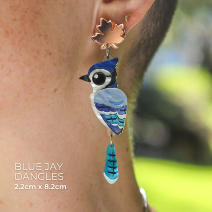 BINKABU Blue Jay Dangles handmade acrylic bird earrings