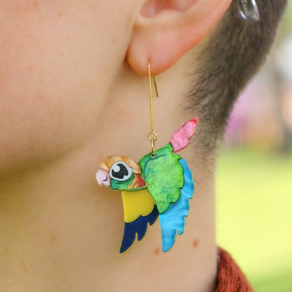 Pineapple Green-Cheeked Conure Acrylic Dangle Earrings - Handmade Bird Earrings