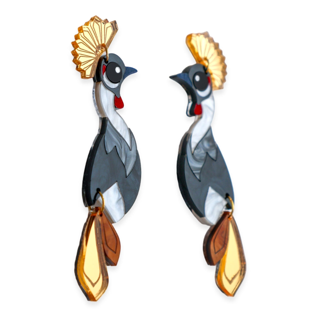Grey Crowned Crane Earrings - Birds of Africa