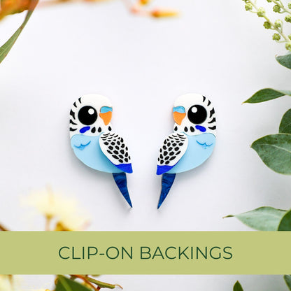 Blue & White Budgie Studs - Statement Acrylic Bird Earrings
