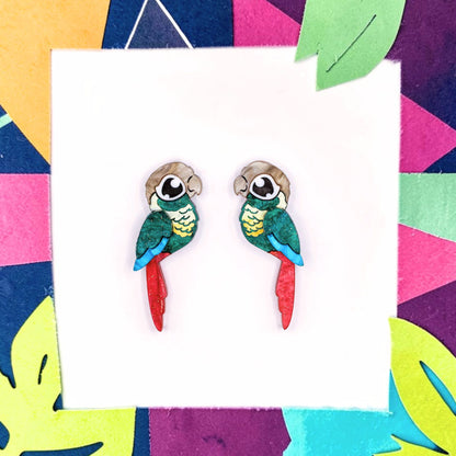 Turquoise Green-Cheeked Conure Acrylic Stud Earrings - Handmade Bird Earrings