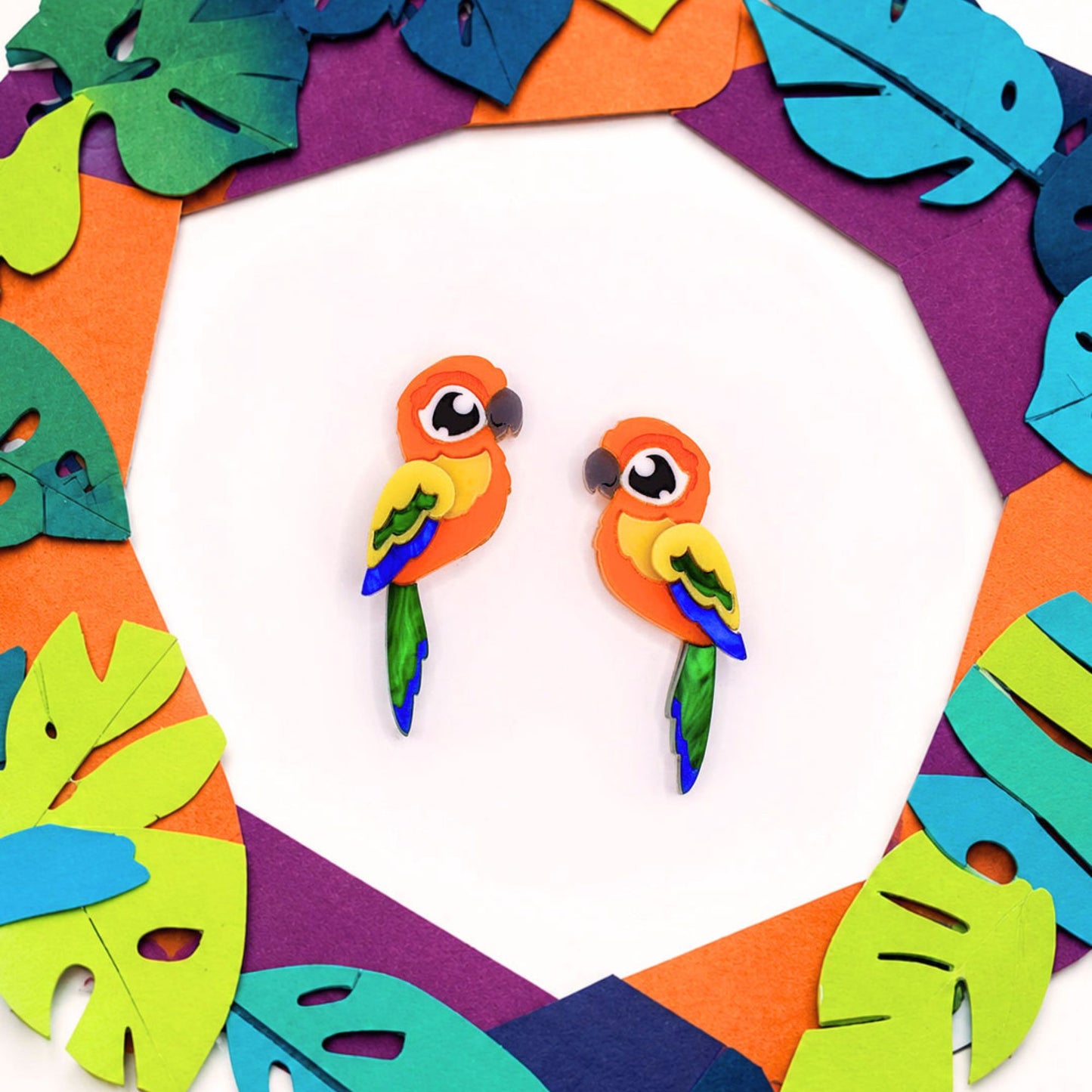 Sun Conure Acrylic Stud Earrings - Handmade Bird Earrings