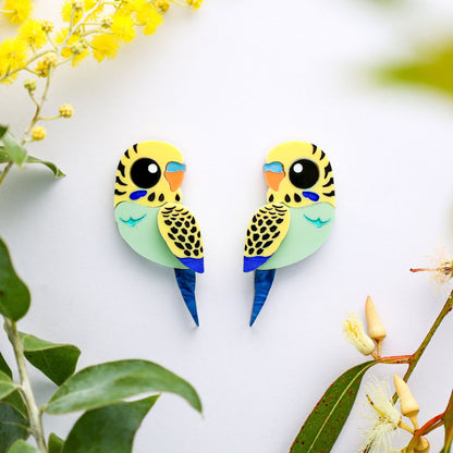 Green & Yellow Budgie Studs - Statement Acrylic Bird Earrings