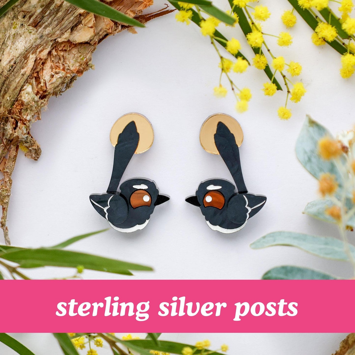 Willie Wagtail Studs - Statement Bird Earrings