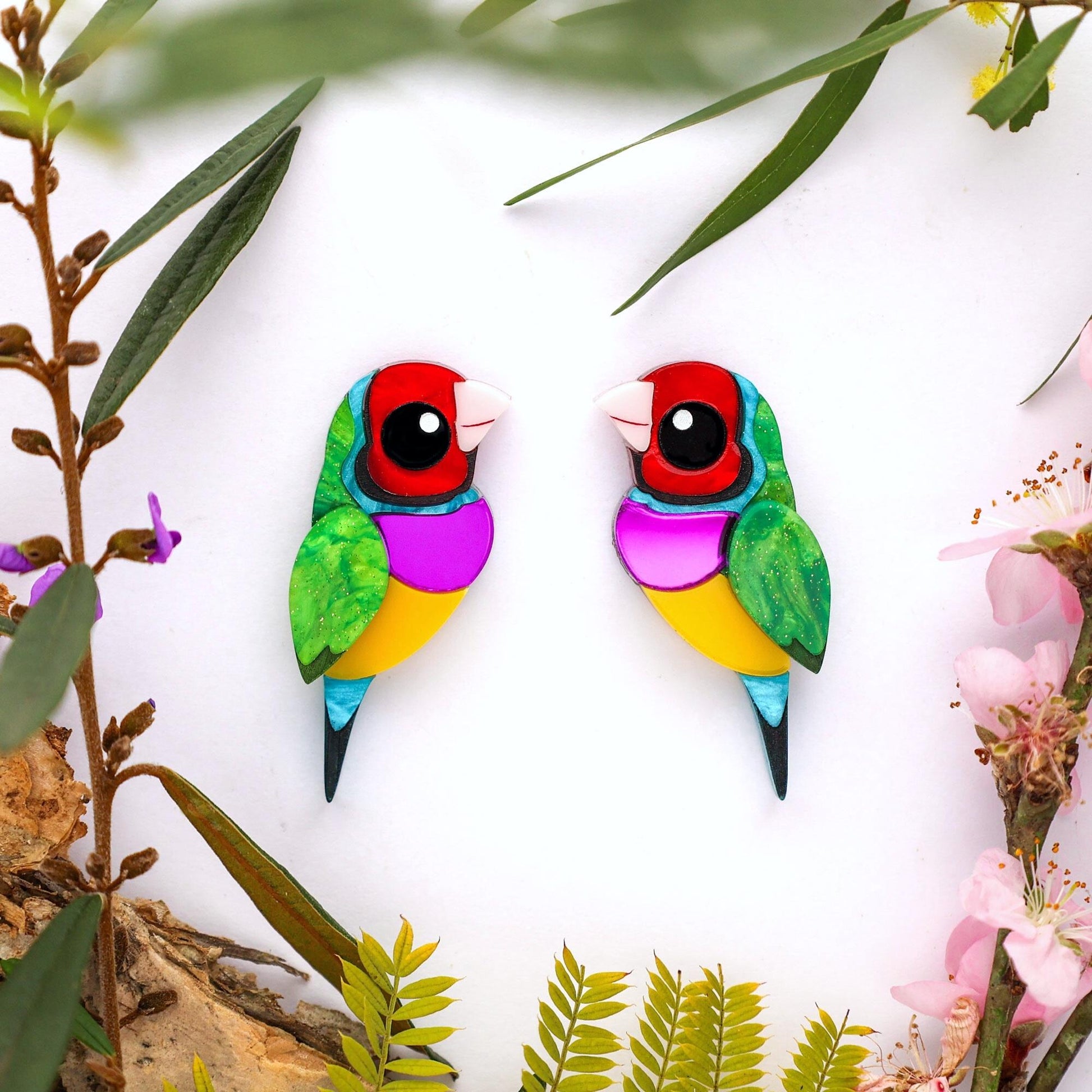 BINKABU Gouldian Finch Studs Handmade Bird Earrings