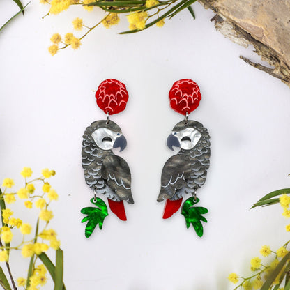 BINKABU African Grey Parrot handmade acrylic bird earrings