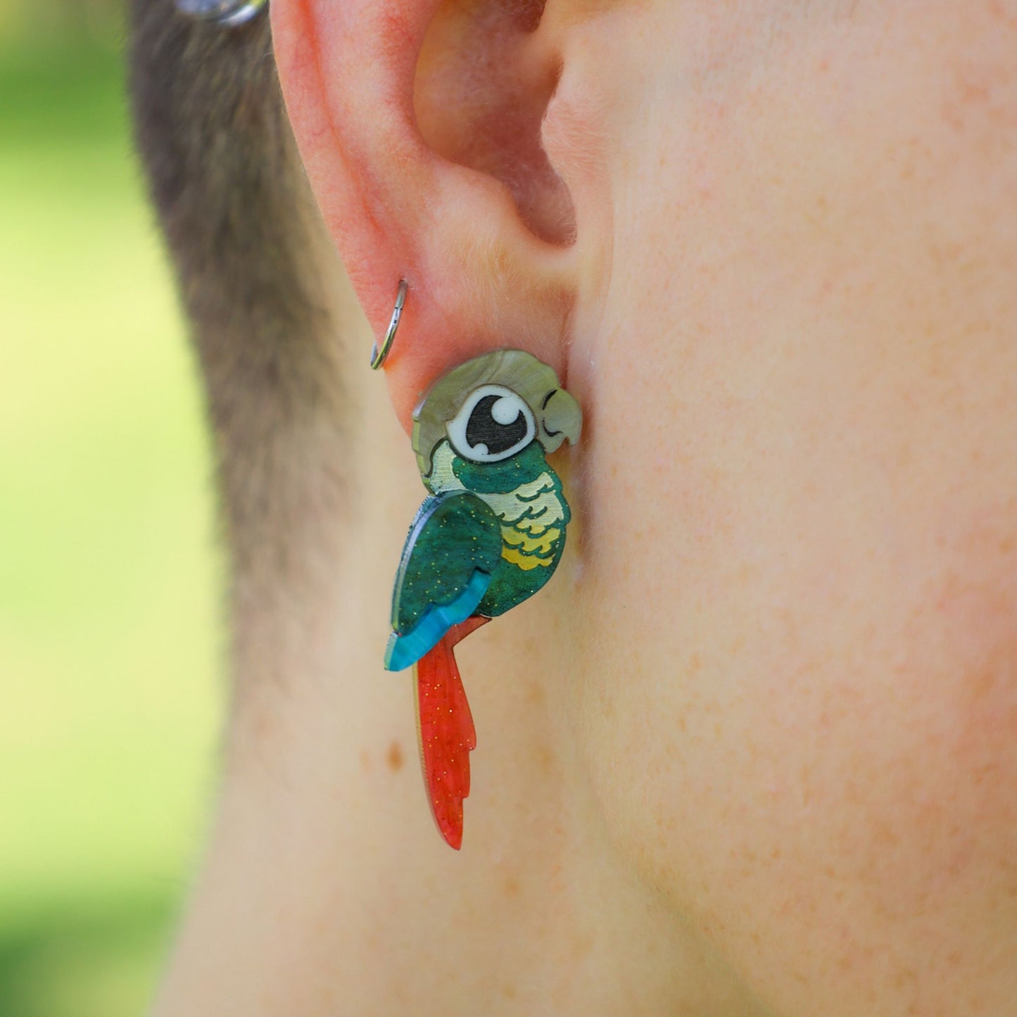 Turquoise Green-Cheeked Conure Acrylic Stud Earrings - Handmade Bird Earrings