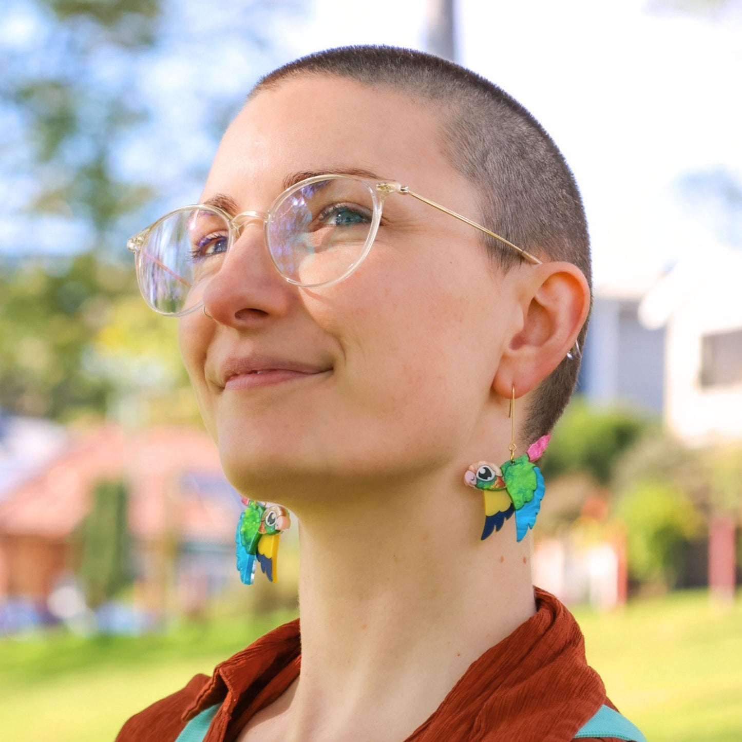 Pineapple Green-Cheeked Conure Acrylic Dangle Earrings - Handmade Bird Earrings