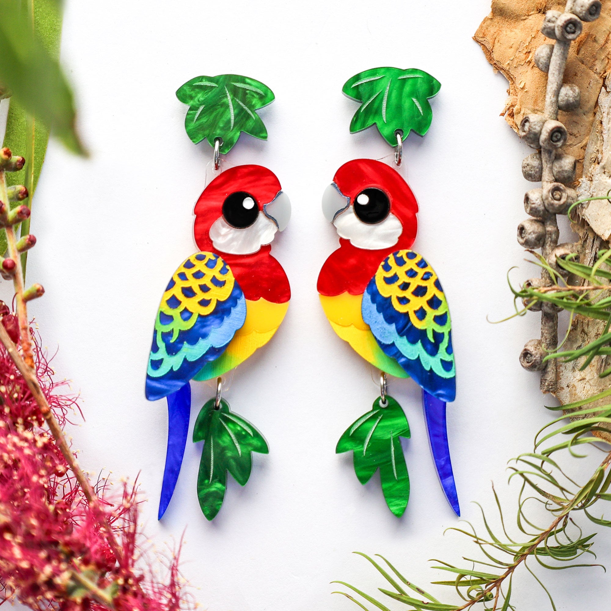 BINKABU Eastern Rosella handmade acrylic bird earrings
