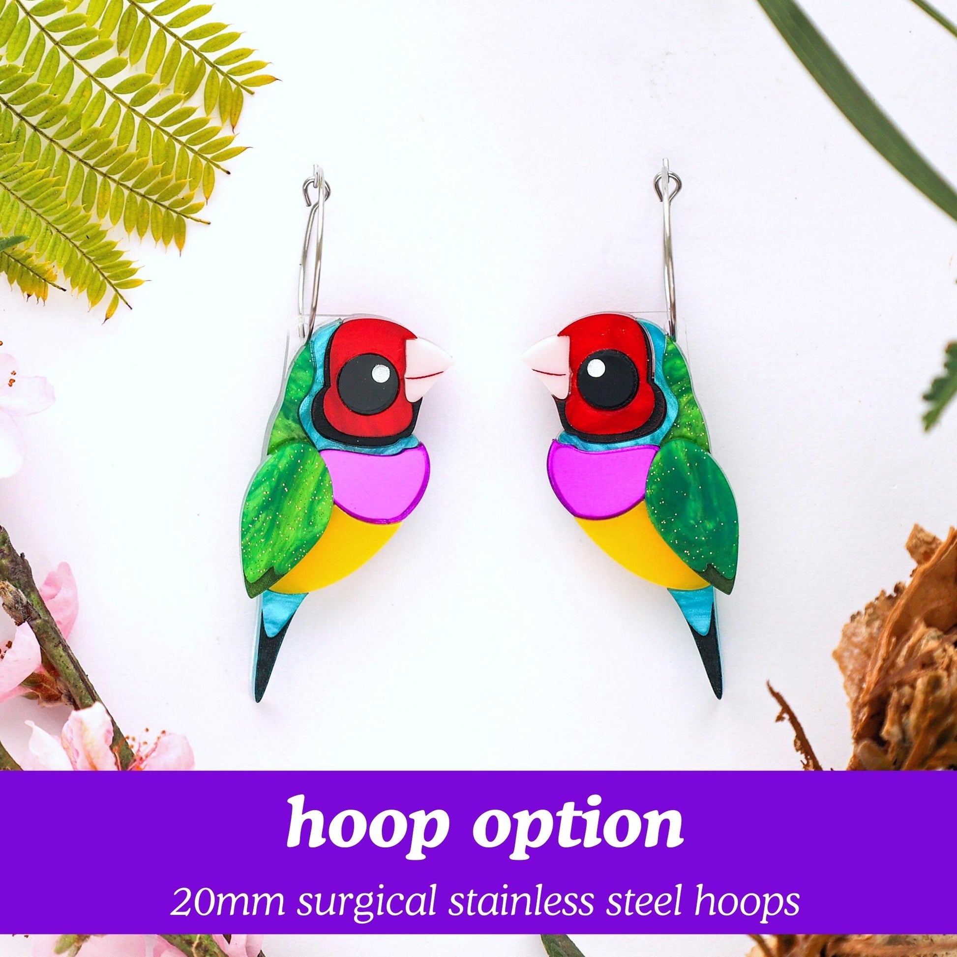 BINKABU Gouldian Finch Stud Hoops Handmade Bird Earrings