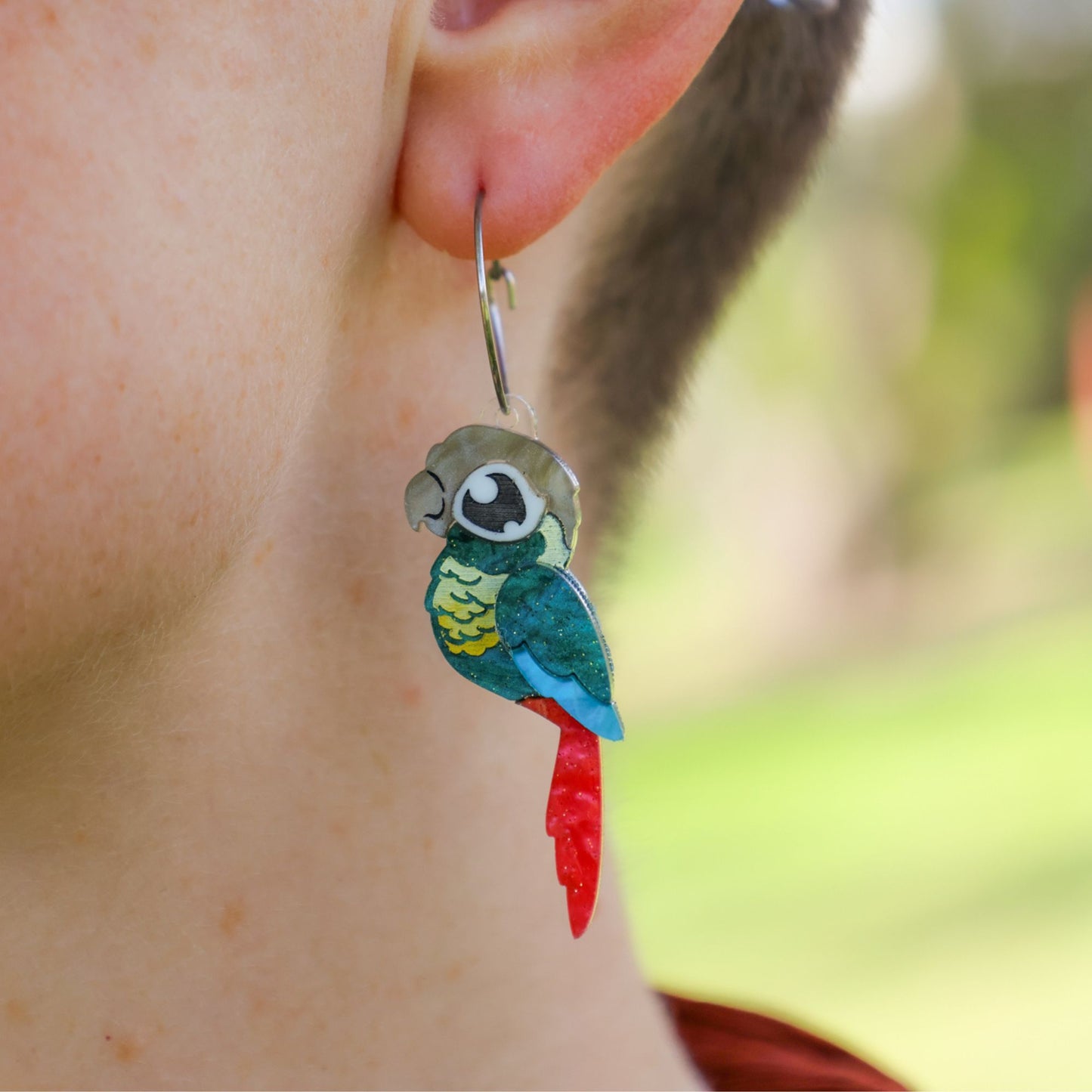 Turquoise Green-Cheeked Conure Acrylic Stud Earrings - Handmade Bird Earrings