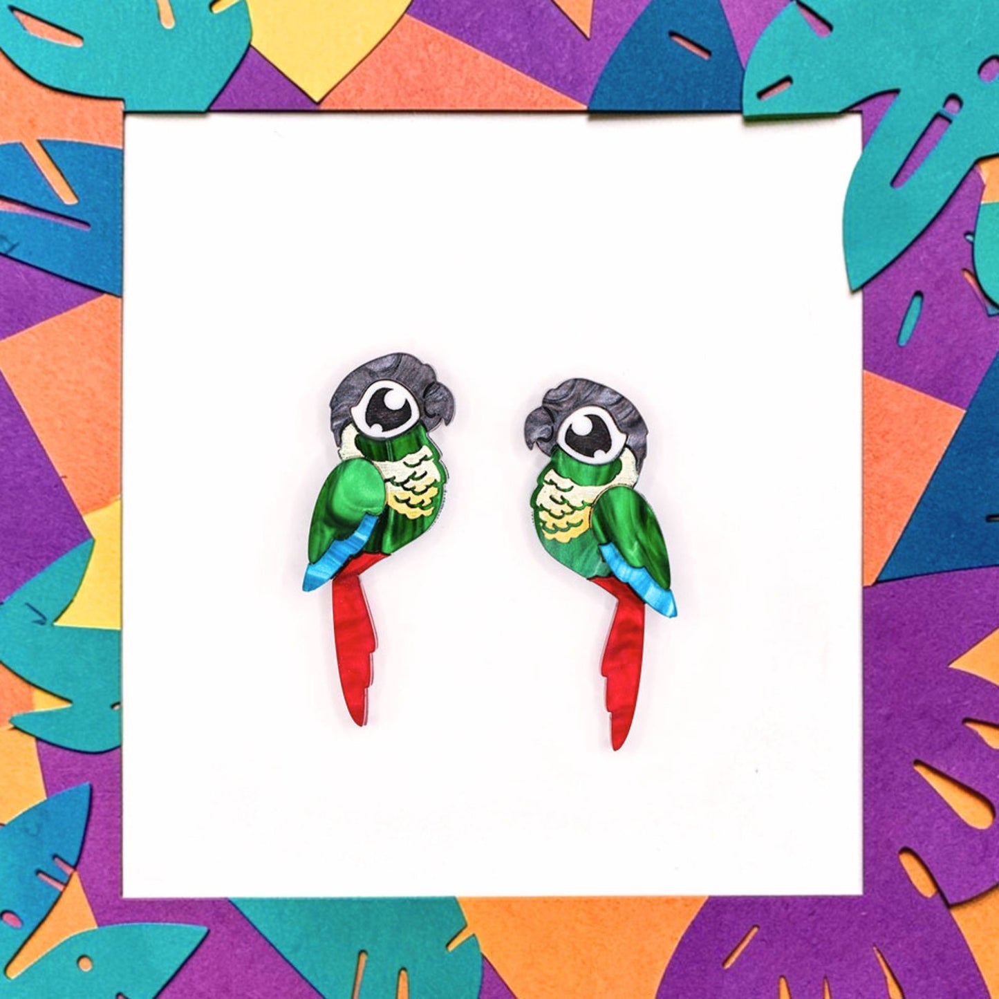 Green-Cheeked Conure Acrylic Stud Earrings - Handmade Bird Earrings