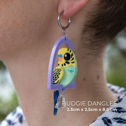 Green & Yellow 3D Budgie Hoop Dangles - Statement Acrylic Bird Earrings