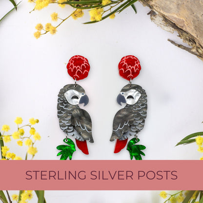 BINKABU African Grey Parrot handmade acrylic bird earrings